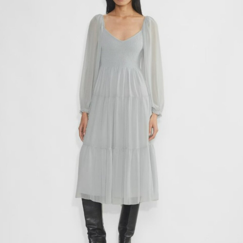 ARITZIA WILFRED Tuberose Chiffon Tiered V-neck Long Sleeve Midi Dress size Large